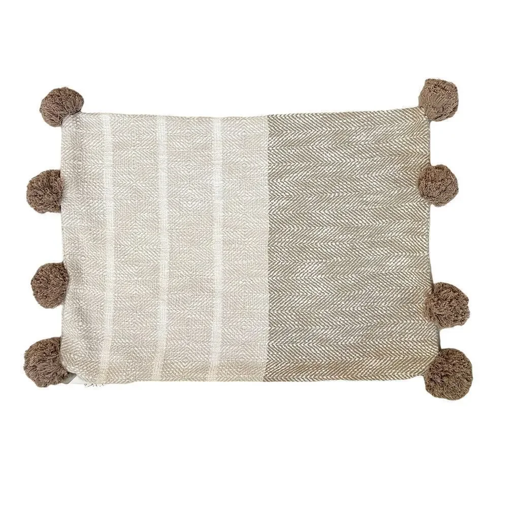 IKEA ANDMATMOTT Natural Herringbone Pillow Cover with Pompoms